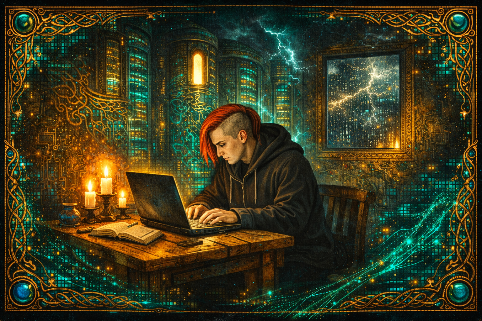 A hacker with red hair works at a laptop by candlelight, Celtic knotwork framing a room full of server towers and lightning