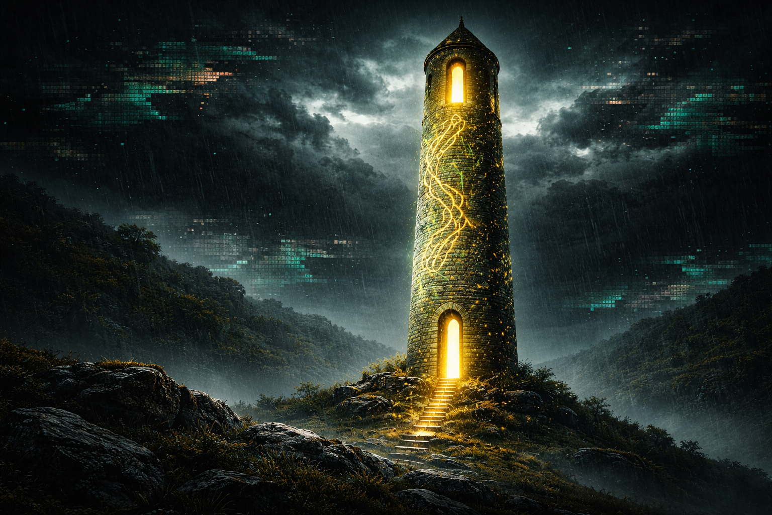 A glowing Irish round tower with data-light spiraling up its stone face, standing against a stormy pixelated sky