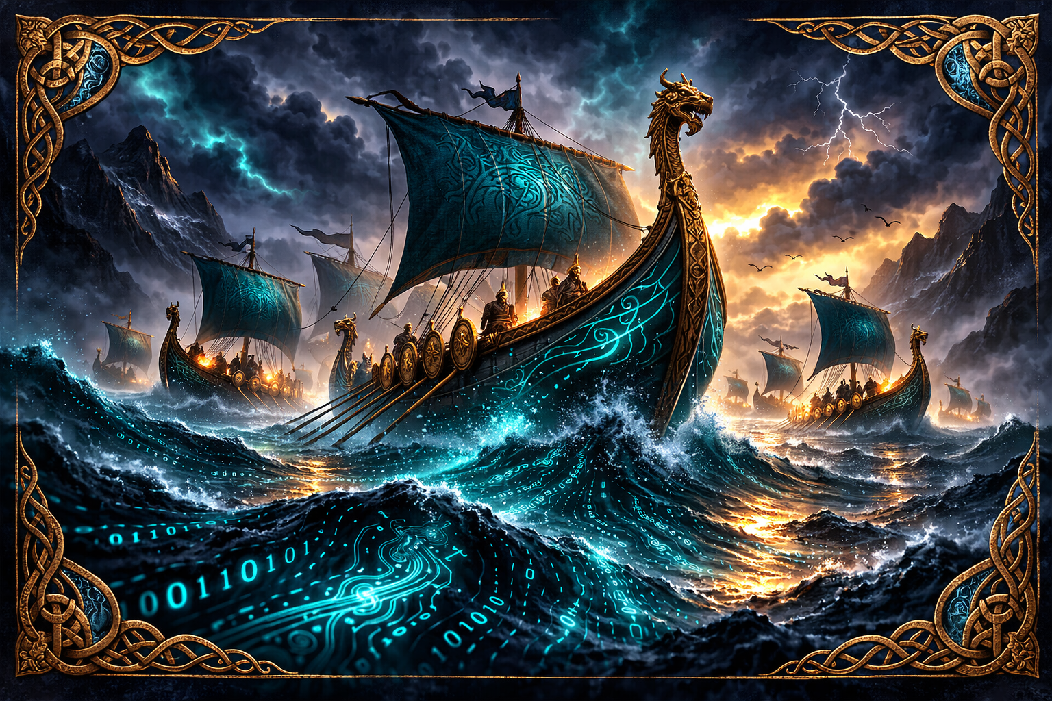 Viking longships riding stormy seas lit by binary code and circuit-board waves